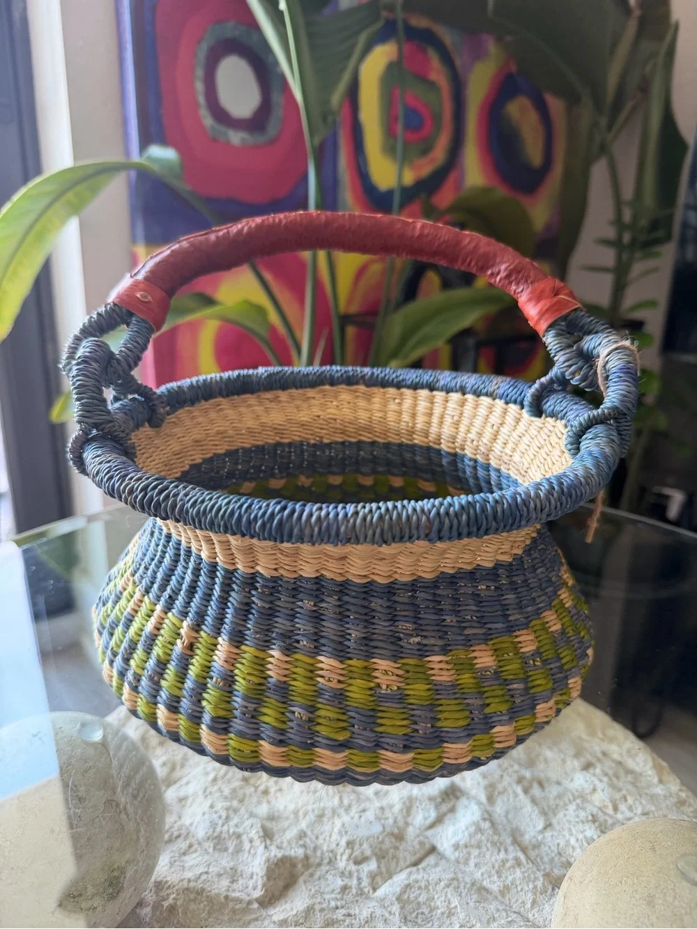 Handmade Ghana Bolga Basket Fair Trade Elephant Grass Leather Handle